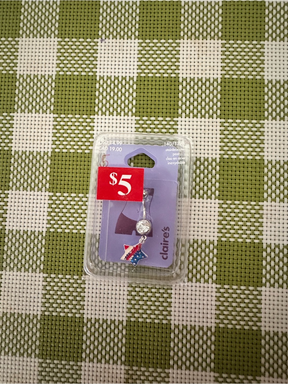 Claire's Silver Belly Ring with Red, Blue and White Star Charm